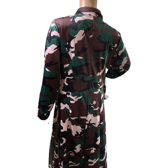 LIV D Camo Brown Pink Long Sleeve Button Up Collared Maxi Coat Dress Size Large - Picture 12 of 15